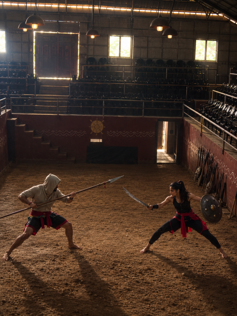 mma fighters club coach practicing with student in kalari akhada