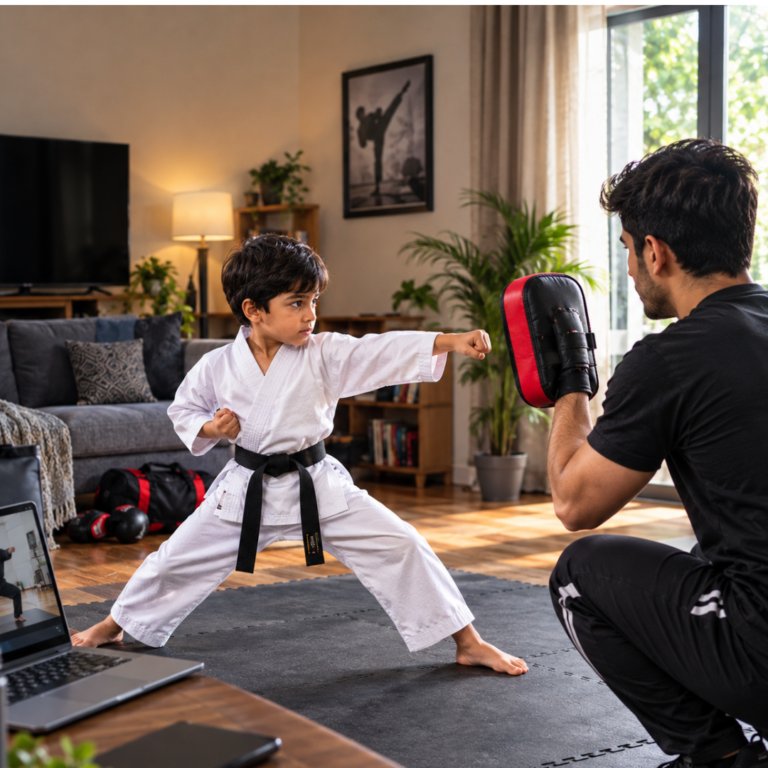 KId doing karate jab punch on pad in the presence of coach in personal training program by mma fighters club